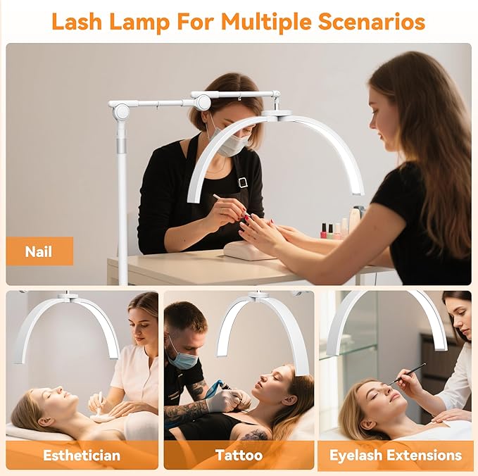 CHICLUX Lash Light for Eyelash Tech, Foldable LED Half Moon Lamp with Wheeled Base, Esthetician Light for Beauty, Nail Art, Floor Lamp with Adjustable Brightness & Height, Phone Holder, White