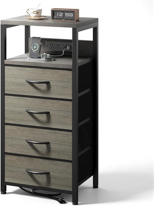 NightStand Bedside Charging Table Bedroom - Night Stand with Charger Station, Modern Nightstand with Open Shelf & 4 Fabric Drawers, End Table with USB-C USB Ports & AC Outlets for Dorm, Grey