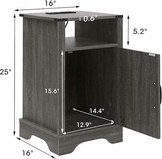RoyalCraft Set of 1 Farmhouse Nightstand, Grey End Table with Charging Station, Tall Bedside Table with Large Storage Room and Shelf, Wooden Rustic Side Table for Bedroom, Home Office, Dark Grey