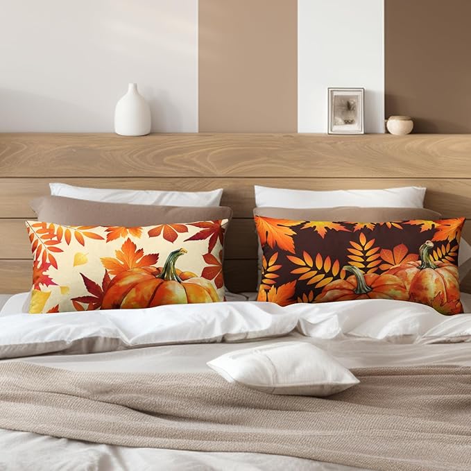 Fall Throw Pillow Covers 12x20 Set of 2 Orange Black Maple Leaves Pumpkin Autumn Lumbar Pillow Case Thanksgiving Harvest Farmhouse Outdoor Rectangle Cushion Case for Sofa Couch