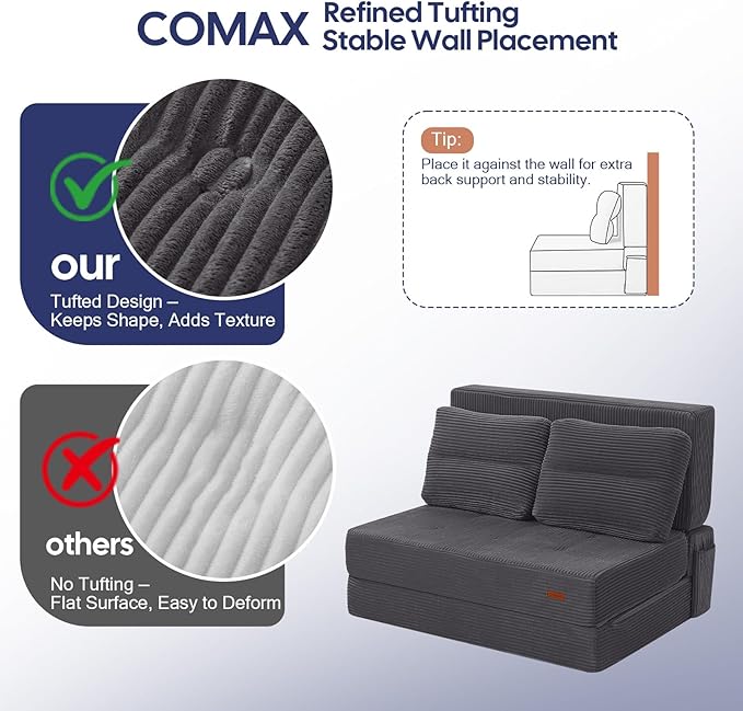 COMAX Folding Sofa Bed, Foldable Couch for Bedroom, Convertible Floor Sleeper Futon Chair Foam, Corduroy 3 in 1 Fold Out Chair Portable Comfy Lounge Couch Sofa Bed for Small Space, Twin, Grey