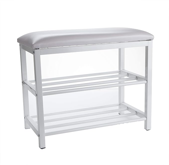Mind Reader Shoe Bench, Shoe Organizer, Shoe Rack, Padded Bench, Storage, Entryway, Metal, 23.5" L x 11.8" W x 19.88" H, White