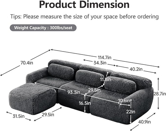 114.7" L-Shaped Boneless Modular Sofa, Plush Foam Lounge Couch, 32D High Density Sponge, Plush Convertible Sofa Set Deep Seat Couches for Living Room, Bedroom and Apartment, Dark Grey