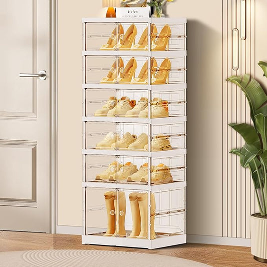 6-Tier Foldable Shoe Rack for Closet Entryway 6-12Pairs,Stackable Clear Shoe Storage Boxes Organizer with Door Plastic Small Shoe Cabinet Bins with Lids Shoes Shelf Easy Assembly White