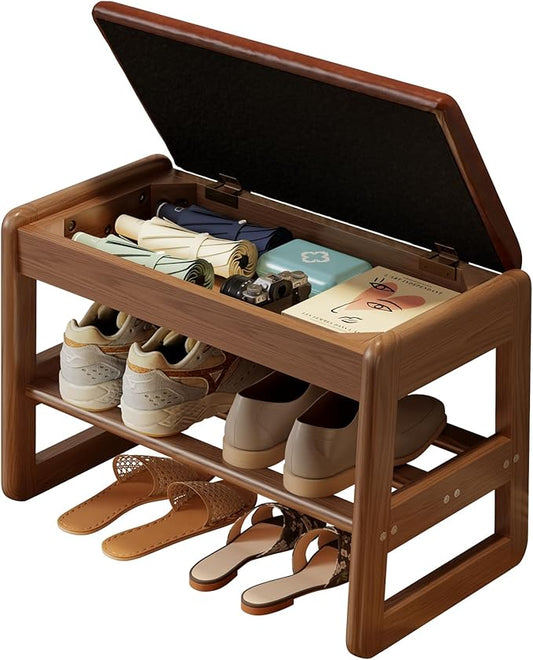 AQIMUELE Small Shoe Rack Bench,2 Tiers Shoe Bench with Storage with Flip-Top,Wood Shoe Rack for Entryway,Hallway（Orange Upholstered Seat）