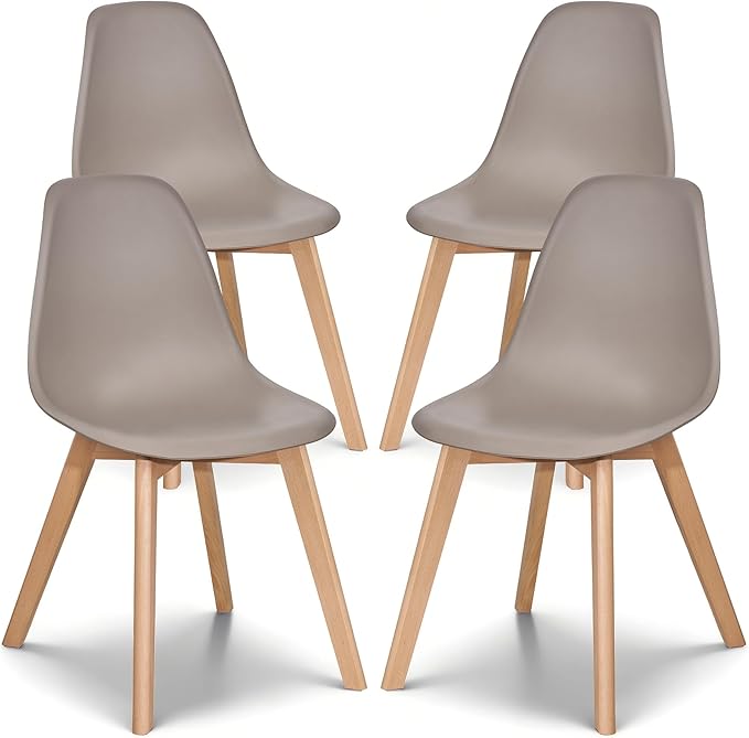 VECELO Dining Chairs Set of 4, Mid-Century Modern Kitchen & Dining Room Chairs, Molded Plastic Seat & Back, Solid Wood Legs, Armless, Non-Slip Feet, Grey