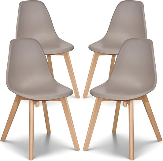 VECELO Dining Chairs Set of 4, Mid-Century Modern Kitchen & Dining Room Chairs, Molded Plastic Seat & Back, Solid Wood Legs, Armless, Non-Slip Feet, Grey