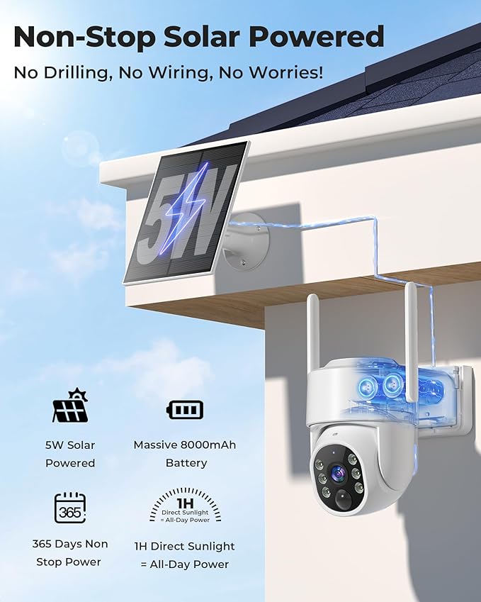 4MP Security Cameras Wireless Outdoor,No Subscription 128GB Local Storage,Solar Powered Cameras for Home Security with 360°PTZ,4 Cam-Kit, Color Night Vision Home Security Camera System,5G & 2.4G,IP66