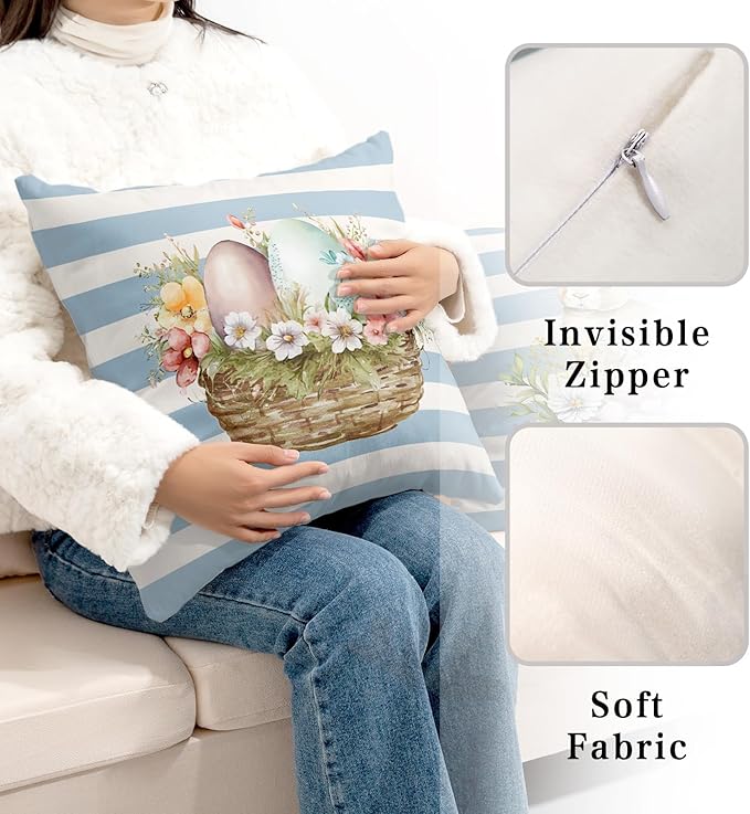 Cute Bunny Easter Pillow Covers 18x18 Set of 2 Egg Rabbit Floral Decorative Throw Pillows Covers Blue and White Striped Pillow Covers Spring Home Decor for Couch Bed