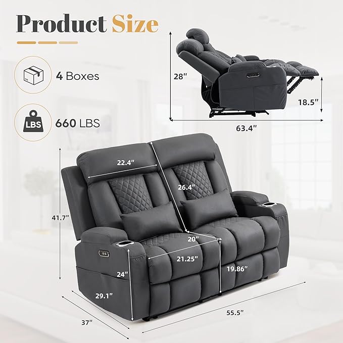 2-Piece Power Reclining Sofa Set, 3-Seater Sofa with Drop-Down Console & 2-Seater Loveseat, Zero Wall Hugger Electric Recliner Couch with Adjustable Headrest, AC Outlets (Gray, 2+3)