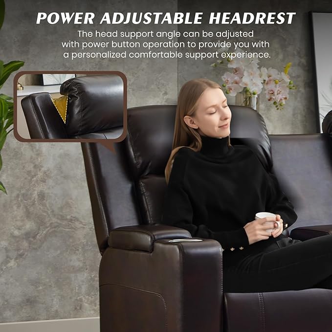 Power Reclining Loveseat with Console, Power Loveseat Recliner Sofa with Adjustable Headrest/LED Light/Wireless Charging/Arm Storage, Power Recliner Loveseat for Living Room (Brown, 2 Seater)