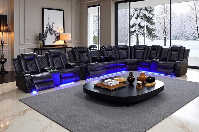Leather Power Recliner Sectional Sofa Set with LED, Breathing Leather Reclining Corner Couch & Loveseat, L-Shaped Recliner Sofa Power Loveseat with Cup Holders/Storage for Living Room