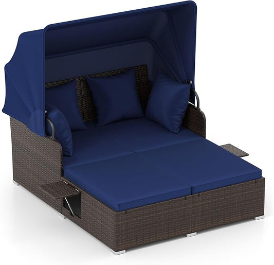 Tangkula Patio Rattan Daybed with Retractable Canopy, Outdoor Wicker Sunbed with 2 Foldable Side Tables, Thick Seat & Back Cushions, Outside Double Daybed for Garden, Backyard, Porch, Navy & Brown