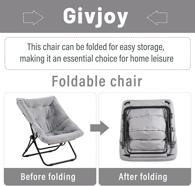Comfy Folded Chair, Soft Faux Fur Oversized Folding Accent Chair, Flexible Lazy Chair for Adults Kids, Metal Frame Moon Chair for Dorm Room, Bedroom, Living Room