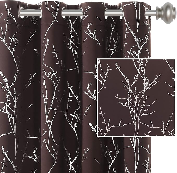 H.VERSAILTEX Blackout Curtains for Bedroom Foil Print Twig Tree Branch Thermal Insulated Grommet Curtain Drapes Light Blocking Thick Soft Window Curtains for Living 52 x 63 Inch, 2 Panels, Brown