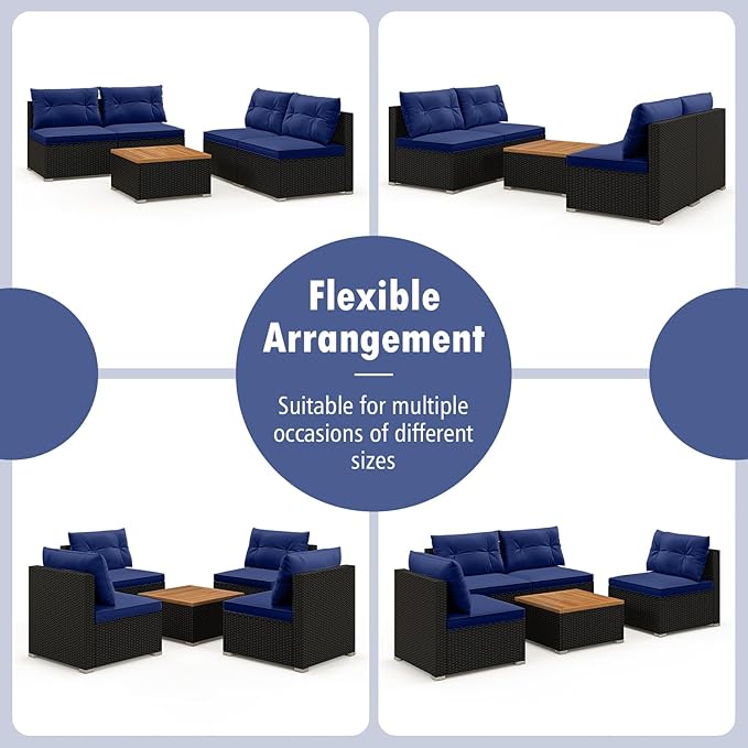 Tangkula 5 Piece Rattan Sofa Set, Outdoor Wicker Furniture Set w/Seat & Back Cushions, Square Coffee Table, Patio Sofa Set for Backyard, Poolside (Navy)