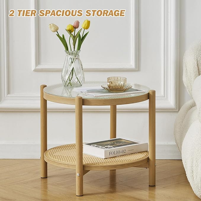 COSVALVE 19.6" Boho Rattan Coffee Table, Round Glass Metal End Table, Modern Simple 2 Tier Side Table for Sofa Bed Side Small Space Living Room Bedroom Office Meeting Room