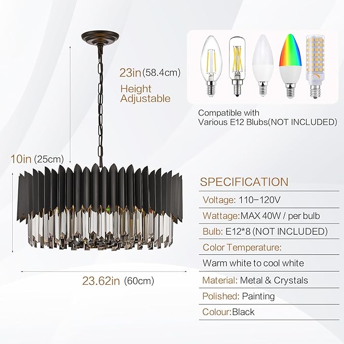 Black Crystal Chandelier 23.62'' K9 Smoke Crystal Round Pendant Lights 8 Lights 5-Tier Large Modern Chandelier for Dining Room Living Room Bedroom Foyer Entryway