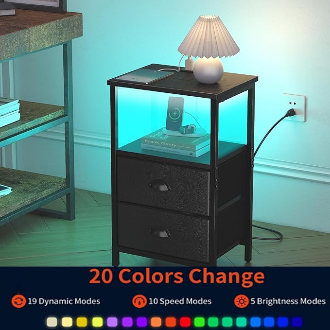 Nightstand with Charging Station, Night Stand with 2 Fabric Drawers PU Finish, Bedside Table End Table with LED Light, 3-Tier Storage Side Table Nightstand with Drawers for Bedroom,Black