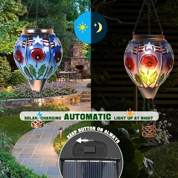 Hot Air Balloon Solar Lantern - Poppy Flower Patriotic Glass Lantern, Simulated Flickering Dancing Flame, Outdoor Hanging Yard Light Waterproof IP65, Ideal 4th of July Gift for Patriot Patio Decor