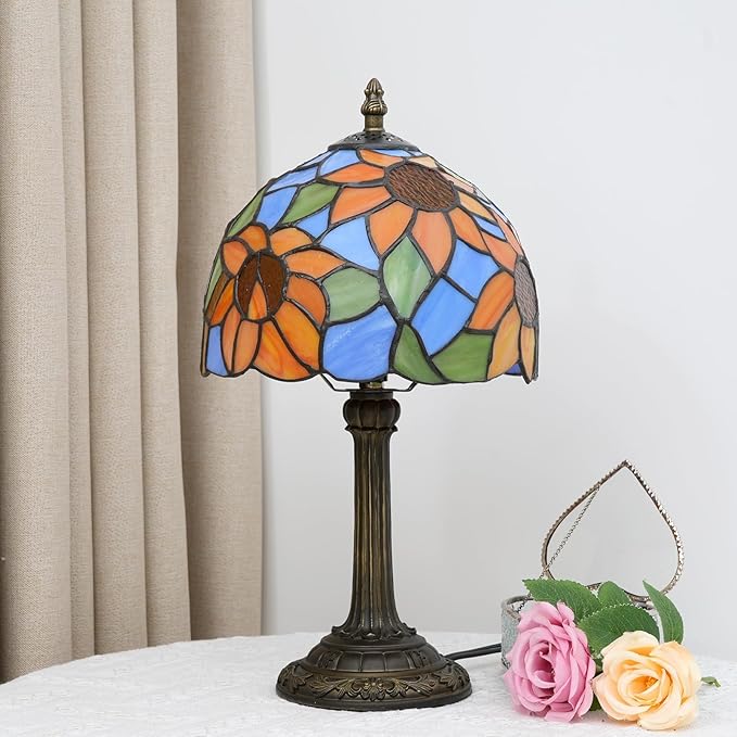 Tiffany Lamp Bedside Table Lamp-Nightstand,Stained Glass Lamp for Bedroom Dorm Living Kitchen, Aesthetic Cute Home Decor Gift (Blue Background Sunflower)