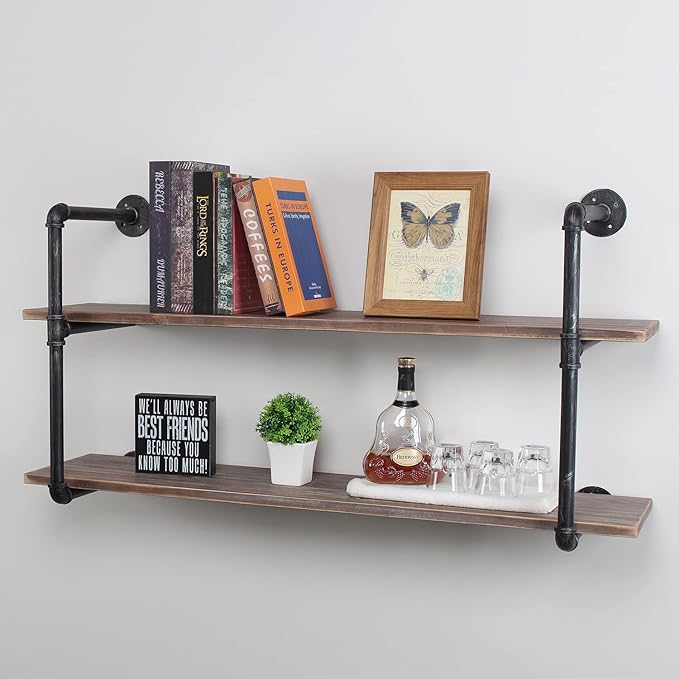MBQQ Industrial Pipe Shelving Wall Mounted,48in Rustic Metal Floating Shelves,Steampunk Real Wood Book Shelves,Wall Shelf Unit Bookshelf Hanging Wall Shelves,Farmhouse Kitchen Bar Shelving(2 Tier)