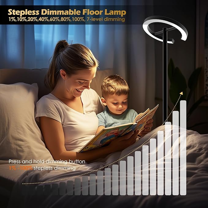 24W LED Floor Lamp with Remote, 70.8" Tall Standing Reading Lamp, Stepless Adjustable Brightness & Color Temps, 350°Rotatable Ring Light, Dimmable, Modern Corner Lamp for Living Room Bedroom Office
