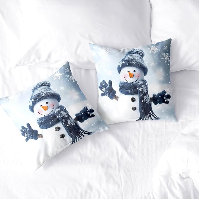 Snowman Pillow Covers 16x16 Set of 2 Winter Throw Pillow Cover Snowflake Pillowcase Simple Christmas Decor Cushion Covers Cotton Blend for Bed Sofa Living Room