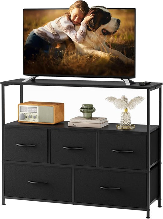 NEWBULIG 5 Fabric Drawer TV Stand Dresser for Bedroom, Entertainment Center for 45 inch TV with Open Shelf, Adjustable Feet & Wood Top, Fabric Organizer Unit for Living Room, Black