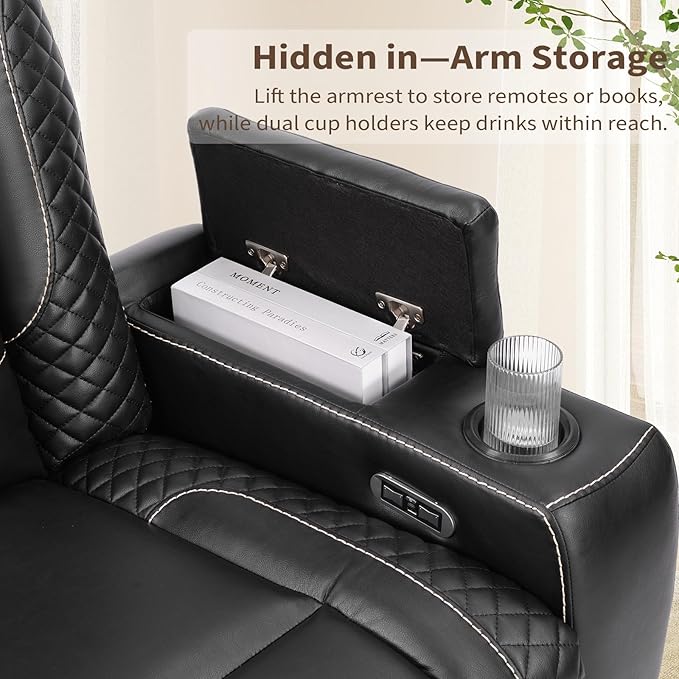 ANJ Recliner Sofa Set: 3-Seat Home Theater Seating and 2 PCS Loveseats with LED Lights, USB Charging, Faux Leather for Living Room (Black)