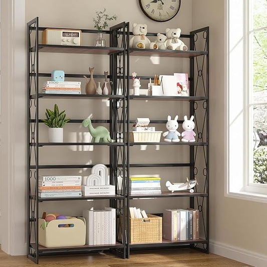 VECELO Folding Bookshelf, 5 Shelf Folding Bookcase No Assembly, Industrial Metal Freestanding Shelves Rack Organizer for Living Room, Office, Bedroom, Kitchen