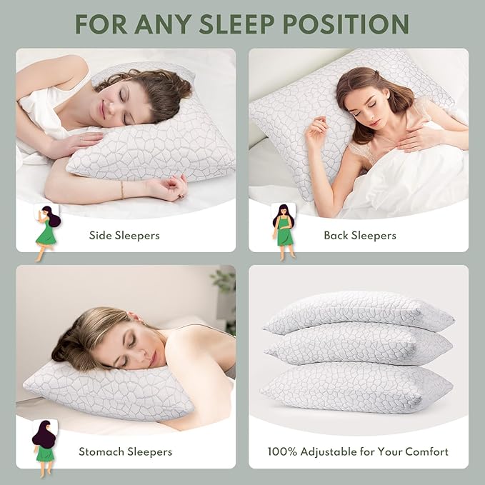 Pillows Queen Size Set of 2 - Cooling Shredded Memory Foam Pillow for Sleeping 2 Pack, Adjustable Cool Bed Pillows for Side, Back, and Stomach Sleepers, Gel Pillow Washable Removable Cover