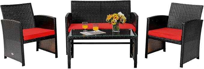Tangkula 4 Pieces Rattan Furniture Set, Outdoor Conversation Set w/Chair & Loveseat & Tempered Glass Coffee Table, Suitable for Garden, Backyard, Poolside, Patio Furniture Set for 4 (1, Red)