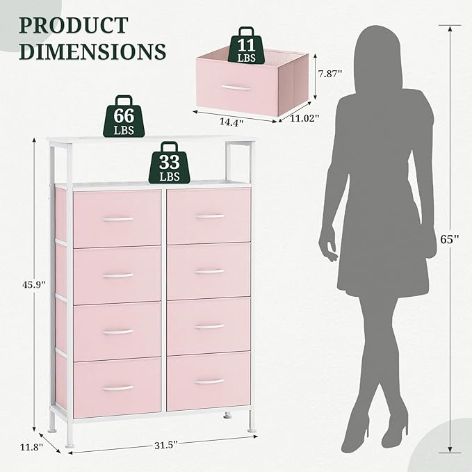 8 Drawers Dresser with Open Shelf, 46" Tall Storage Organizer Chest of Drawer with Wooden Top, Sturdy Metal Frame for Bedroom, Hallway, Living Room, Pink
