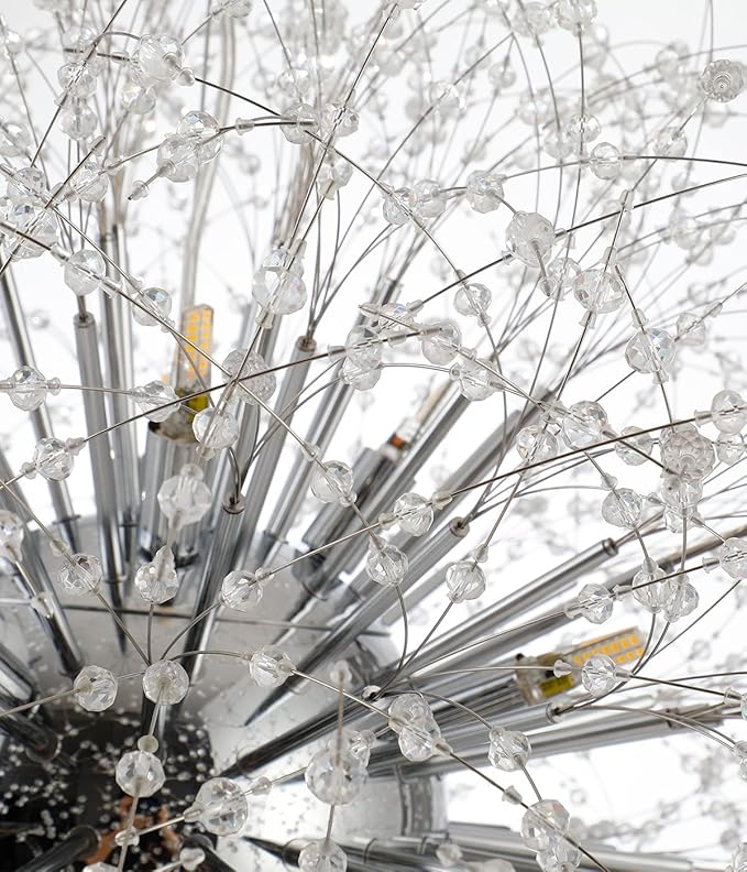Modern Crystal Chandelier Firework, 31.4" Dandelion Crystal Chandelier Lighting Chrome, 16-Light Steel Large Pendant Sputnik Chandelier for Living Room Foyer