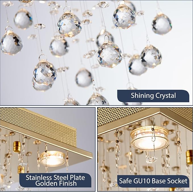 Bestier Gold Modern Crystal Square Raindrop Chandelier Lighting Flush Mount LED Ceiling Light Fixture Pendant Lamp for Dining Room Bathroom Bedroom Livingroom 4 GU10 Bulbs Required 12" Wide 20" High