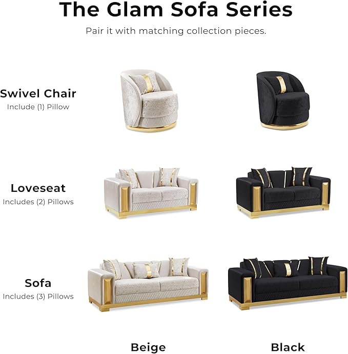 Furniture of America Samison II Glam 2-Piece Solid Wood Upholstered Sofa Set with Accent Pillows, Damask Pattern and Gold Base, Comfortable Couch and Loveseat for Living Room, Bedroom, Office, Black