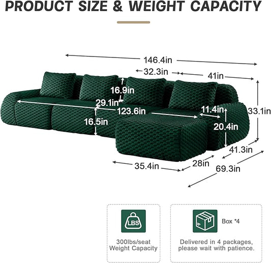 KEIKI 146" Oversized 4-Seater Boneless Couches for Living Room, Comfy Deep Seat Modular Sectional Velvet Sofa L-Shaped, Cloud Cushion No Assembly Lounge Couch, Modern Comfort Design, Green