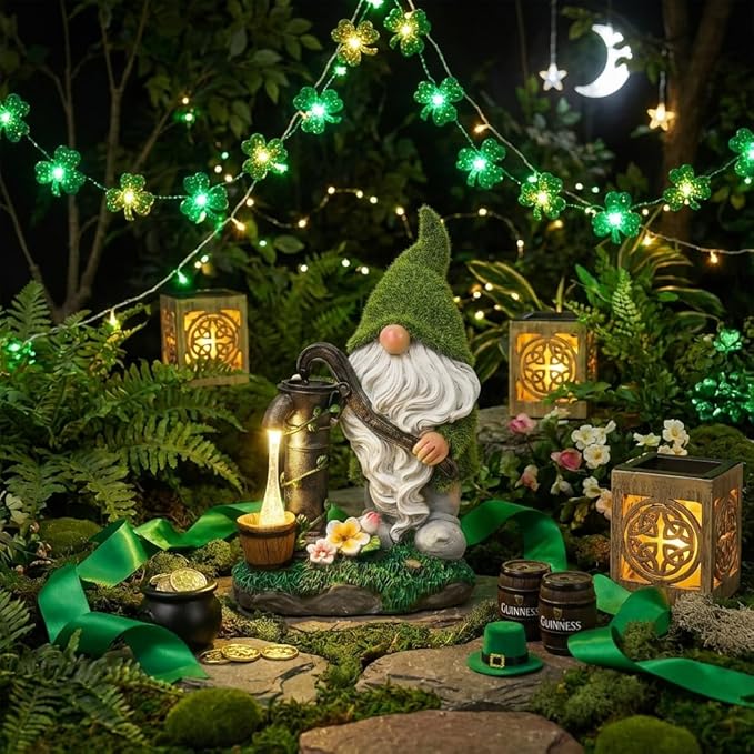 TERESA'S COLLECTIONS Garden Outdoor Decor, Garden Gnomes Decor with Solar Lights, St Patricks Decorations for Outdoor Decor, Waterproof Resin Decorations for Porch Patio, Gift for Dad and Mom, 10"