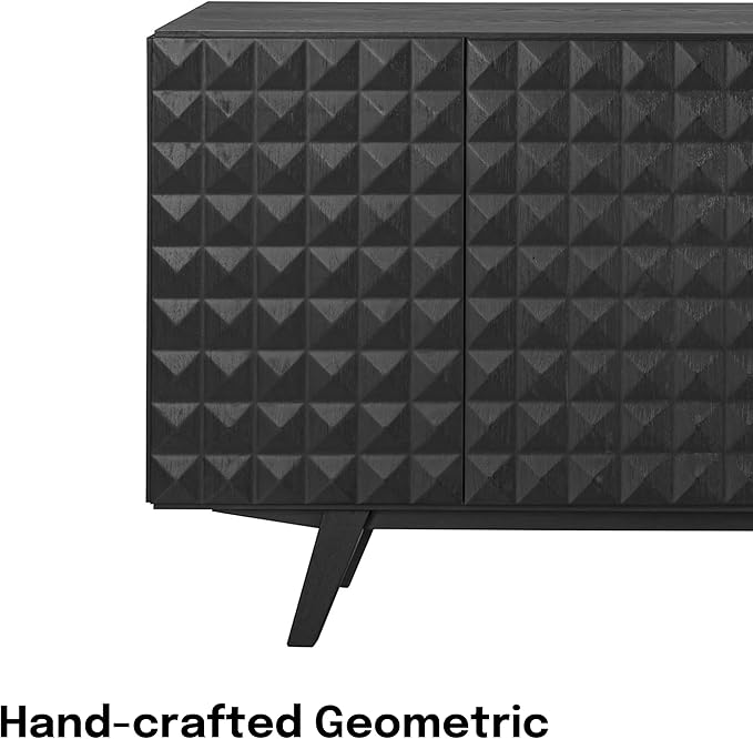 NTC Sapa Mid-Century Modern Solid Wood Sideboard – 4-Door Accent Buffet Cabinet with Carved Geometric Fronts, for Living Room, or Entryway, Effortless Assembly, Burnt Black