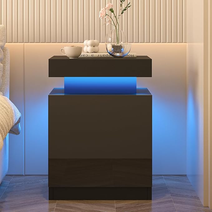 Nightstands Set 2, 15 Inches LED Night Stand Set of 2, Modern Bedside Table with LED Lights, High Gloss Surface, End Table with Storage for Bedroom, Black