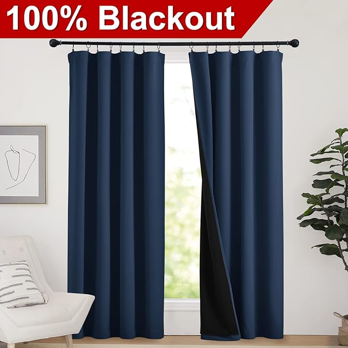 NICETOWN Complete 100% Blackout Curtains, Thermal Insulated & Energy Efficiency Window Draperies for Guest Room, Full Shading Panels for Shift Worker and Light Sleepers (Navy, 52W x 84L, 2 PCs)