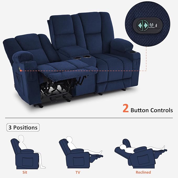 MCombo Zero Gravity Power Loveseat Sofa with Console, Heat and Massage, Reclining Loveseat for Living Room, Fabric 6035SET (Navy Blue, Loveseat with Console)