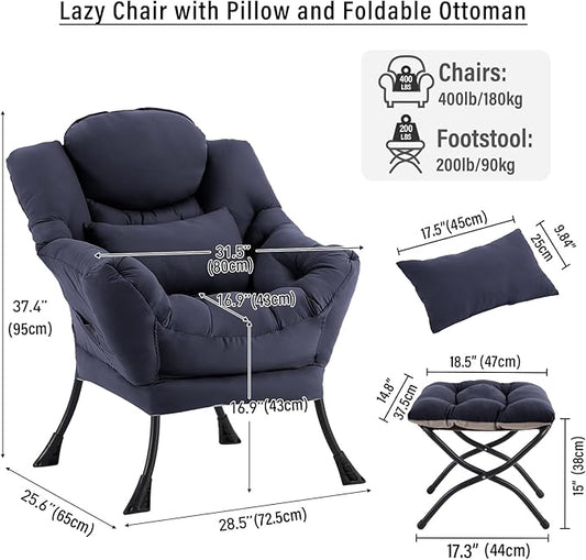 Lazy Chair with Ottoman, Modern Accent Chair with Lumbar Pillow, Navy Blue Sofa, Armchairs with Folding Footrest, Oversized Supportive Chairs for Bedroom, Reading