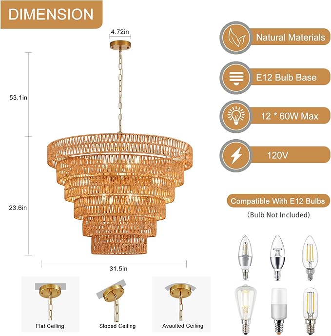31.5“ Hand-Woven Rattan Chandelier Vintage Farmhouse 12-Lights Boho Bamboo Large Chandeliers Light Fixture 6-Tier Drum Wicker Golden Chandelier for Dining Room, Living Room, Kitchen, E12