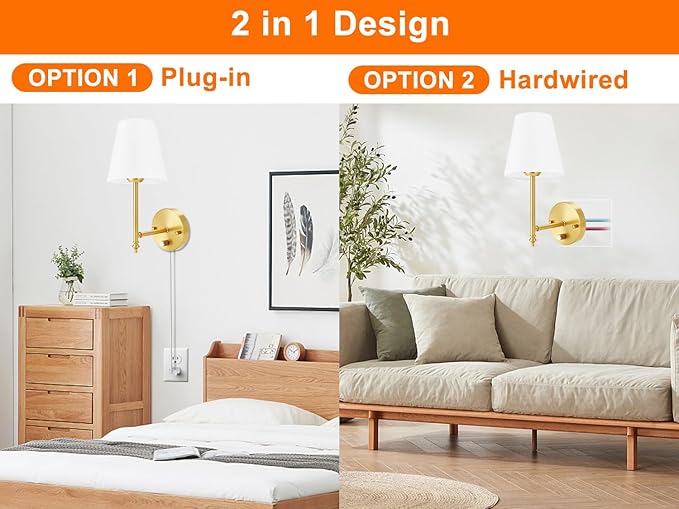 Wall Sconces Set of Two with Remote Control, Dimmable, Adjustable Colors 2700-6500K, Plug in Wall Sconces with White Fabric Shades, Plug in Wall Light, Gold