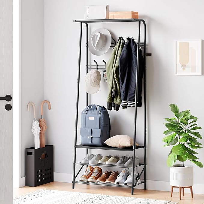 IDEALHOUSE Coat Rack Shoe Bench with 10 Hooks, Hall Trees Entryway Bench with Storage, Multifunctional Hallway Organizer, Wood Look Accent Furniture