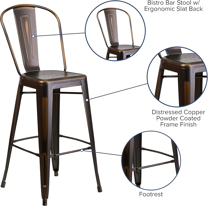 Flash Furniture Commercial Grade 30" High Distressed Copper Metal Indoor-Outdoor Barstool with Back