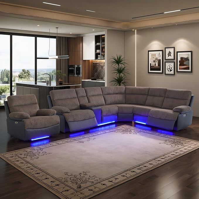 Power Corduroy Recliner Sectional Sofa with LED Light,L Shaped Reclining Couch with USB Charger/Cup Holder/Storage,Corduroy Sofa for Living Room Furniture Sets(Brown,Sectional+1 Seat)