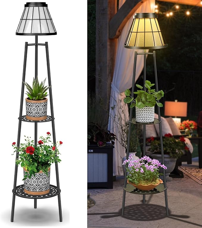 MXwcy 2 Pack Solar Lights Outdoor with Plant Stands, Solar Floor Lamp Metal Tripod Patio Lights for Garden Yard Pathway Driveway Front/Back Porch Decoration